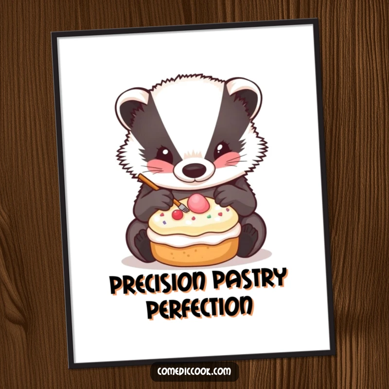 Funny Badger Decorator Poster featuring a badger intensely focused on decorating a tiny pastry.