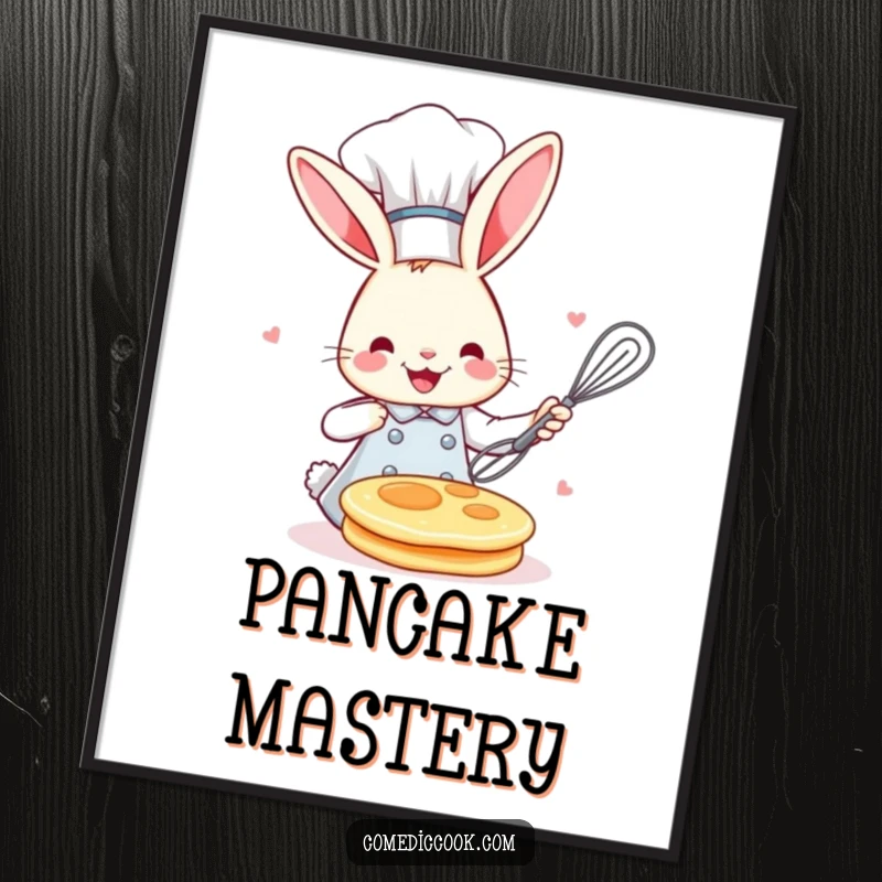 Funny, cheerful bunny chef in a chef hat, expertly flipping a pancake with a whisk, creating a fun kitchen wall art piece.