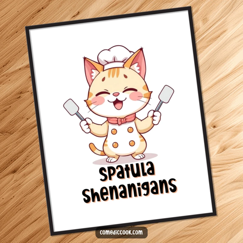 Funny, giggling cat chef juggling three tiny spatulas with a playful grin, creating a whimsical and fun kitchen wall art piece.