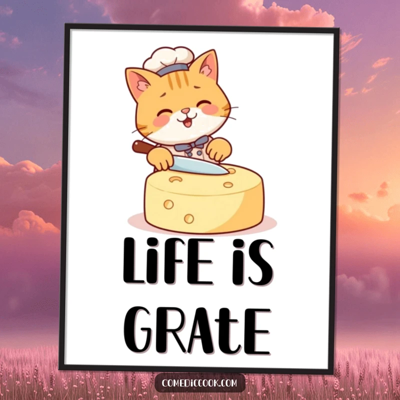 Funny Cat Chef Poster artfully depicting a happy cat focused on slicing a massive cheese wheel, adding playful and humorous decor.