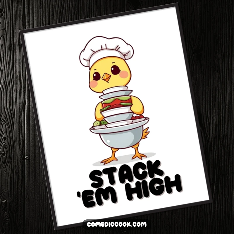 Funny Chick Chef Poster artfully depicting a determined chick chef balancing a precarious stack of tiny dishes, adding whimsical and humorous decor.