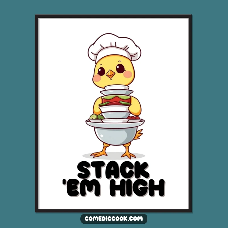 Funny Chick Chef Poster: Balancing Act Art, Whimsical Decor & Hilarious Gift