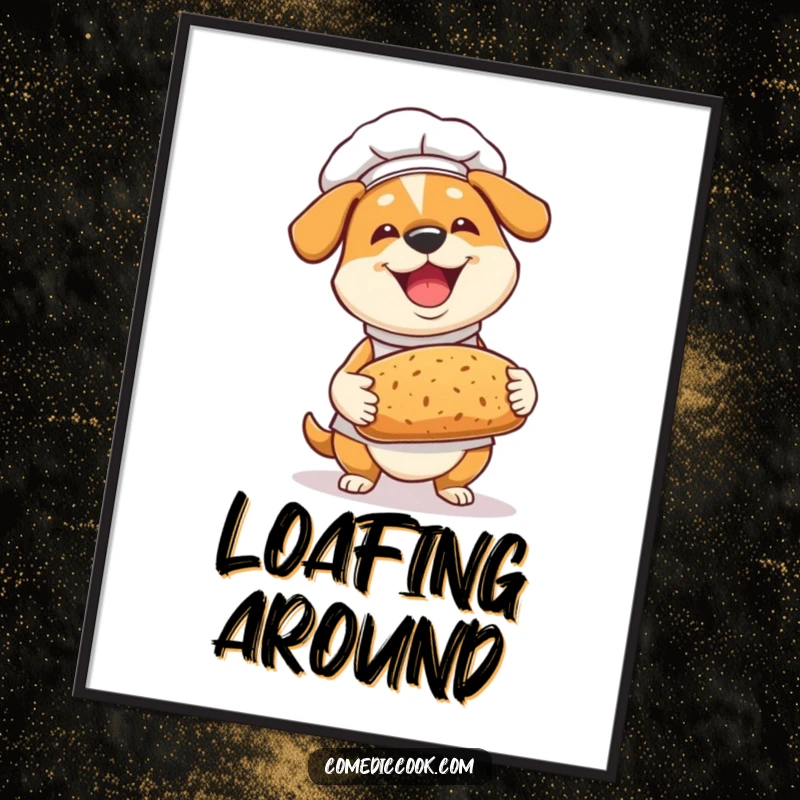 Funny Dog Chef Poster: A joyful dog chef proudly displays fresh bread, a heartwarming and humorous wall decoration.