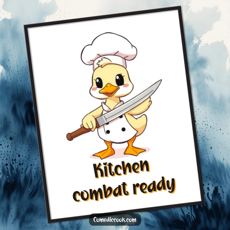 Funny duck chef poster, a comical character using a spatula as a sword, perfect for kitchen decor and humorous wall art.