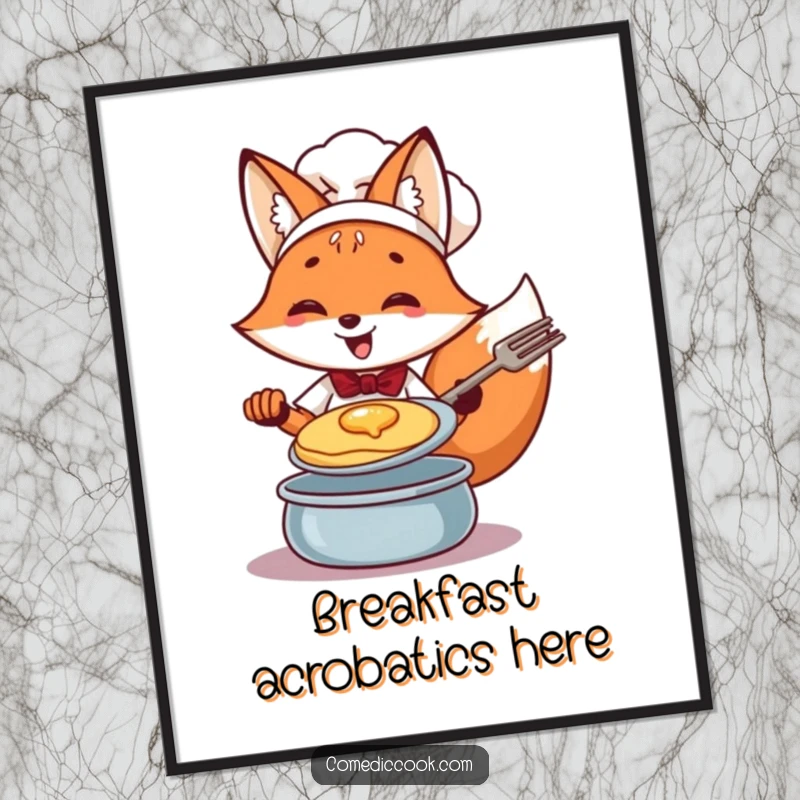 Funny Fox Chef Poster: Cheerful fox expertly flipping a pancake with a flourish, a dynamic and humorous wall art.