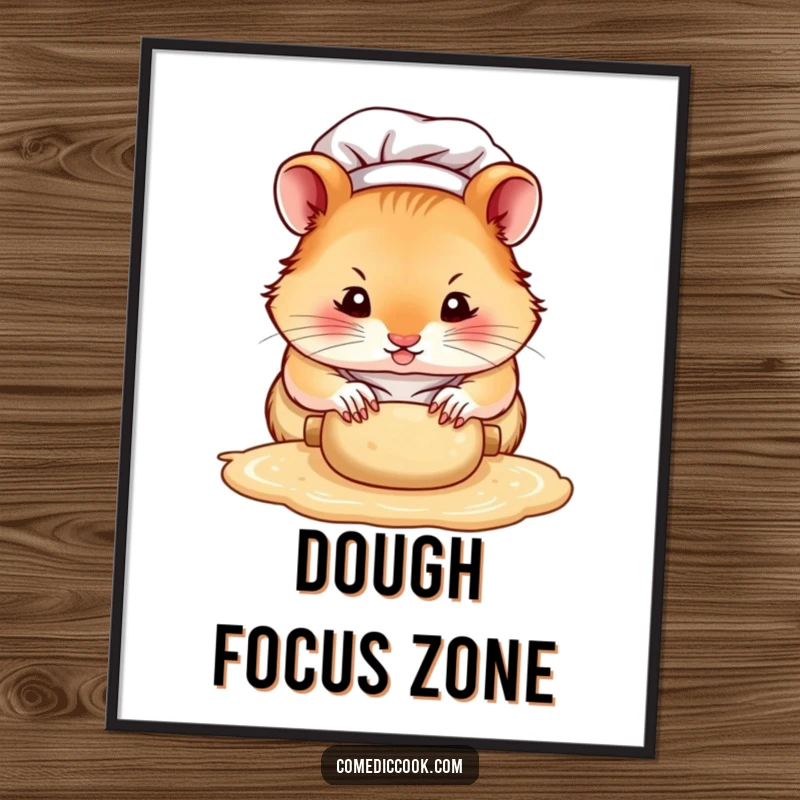 Funny hamster chef poster, a determined character rolling dough with tiny paws, perfect for kitchen decor and humorous wall art.