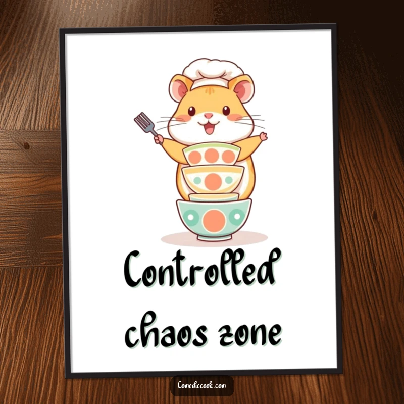 Funny Kawaii hamster chef poster, depicting a playful hamster balancing a stack of tiny bowls. Cute kitchen art and a wonderful funny gift.