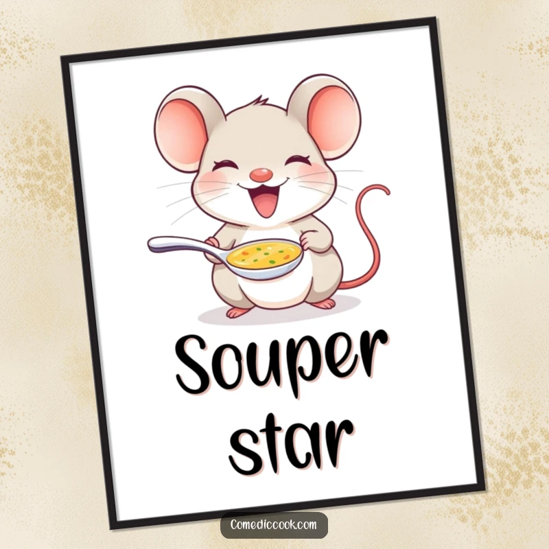Funny mouse poster depicting a delighted mouse offering a tiny spoon of soup, ideal for kitchen wall decor.