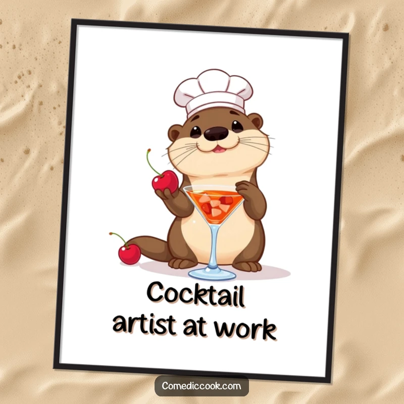 Funny Otter Chef Poster: A playful otter chef tosses a cherry into a cocktail glass, a humorous and charming piece of art.