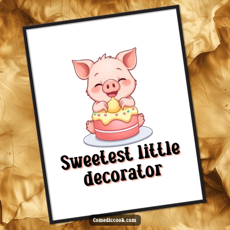 Funny poster of a smiling piglet gleefully frosting a tiny cake, ideal for kitchen decor.