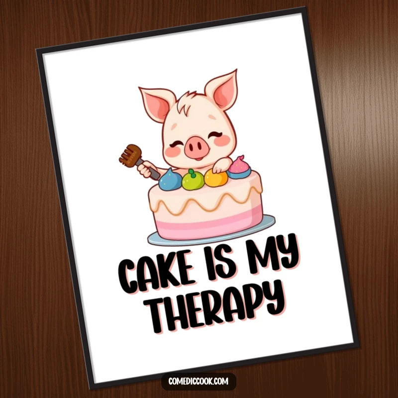 Funny Piglet Poster: A vibrant wall art print of a happy piglet joyfully frosting a cake, adding humor and charm to any room.