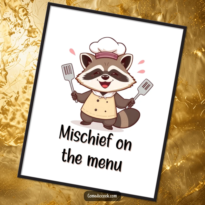 Funny happy raccoon chef poster capturing his mischievous juggling of spatulas, adding whimsical art and humor to any kitchen.