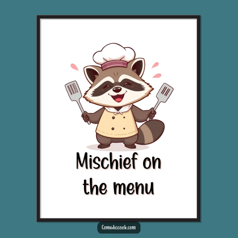 Funny Raccoon Chef Juggling Spatulas Poster - Whimsical Kitchen Art!
