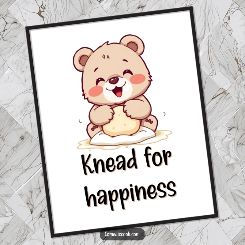 Funny poster of a tiny bear cub joyfully kneading dough with flour-dusted paws, creating a sweet and charming kitchen display.