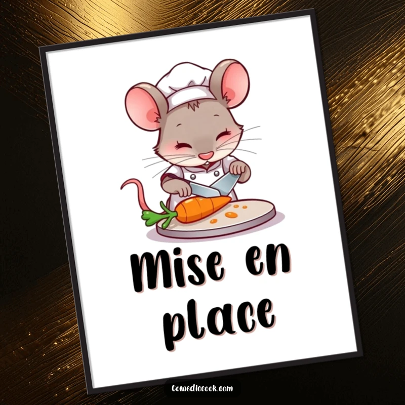 Funny Mouse Chef Poster: A concentrated mouse chef meticulously slices a carrot, a humorous piece of culinary art.