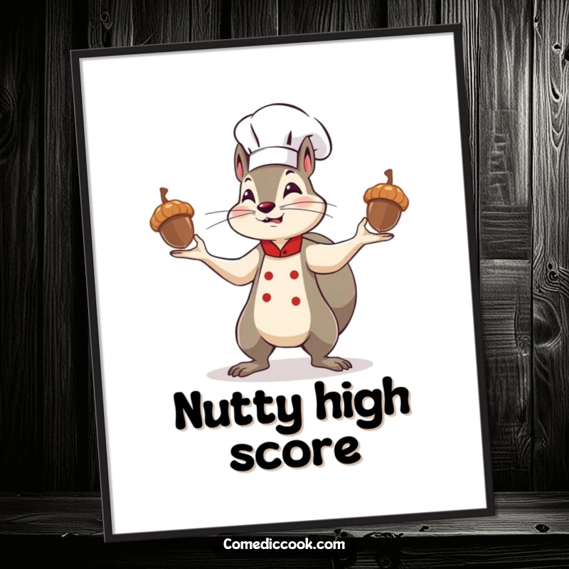 Funny squirrel chef poster showcasing a determined character artistically juggling shiny acorns, perfect for kitchen decor and humorous wall art.