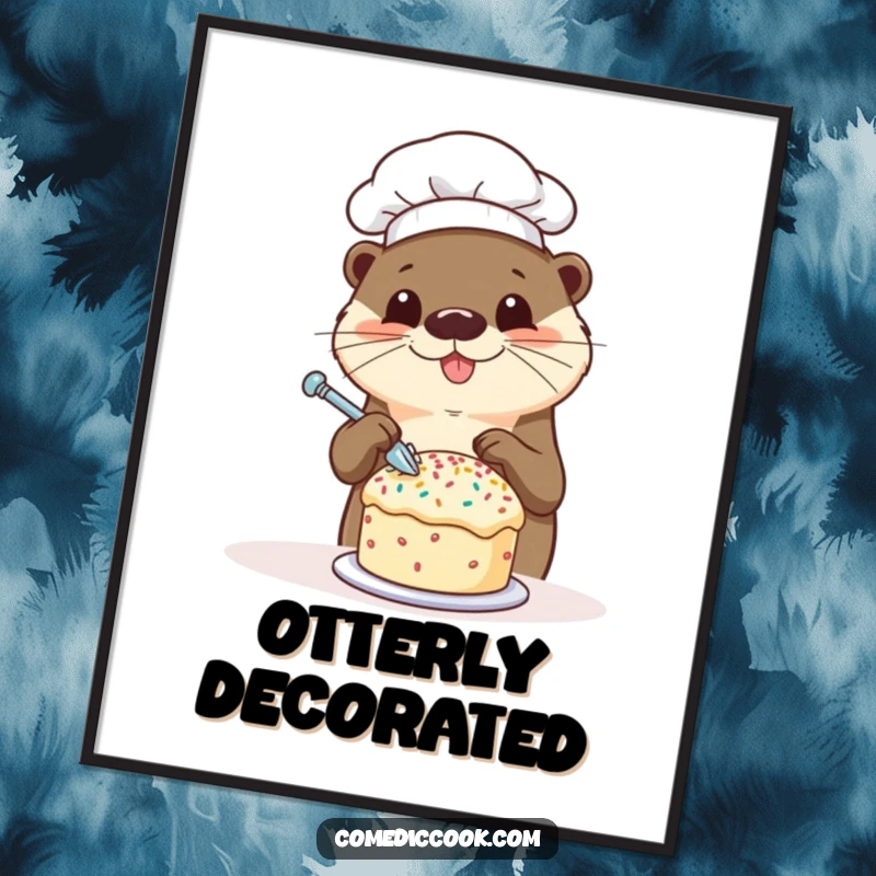 Funny otter chef poster featuring a happy otter decorating a tiny cake with sprinkles, perfect for kitchen wall art and adding sweet humor.