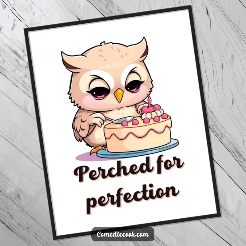 Funny owl poster depicting a smiling owl baker concentrating on cake decoration, adding humor to kitchen decor.