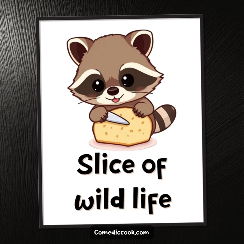Funny raccoon poster depicting a beaming raccoon carefully slicing a loaf of bread, ideal for kitchen wall decor.
