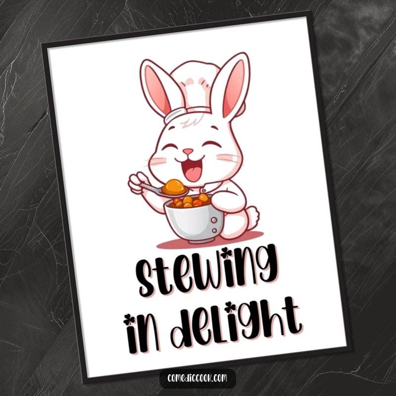 Funny Poster: A cheerful rabbit chef joyfully tastes a spoonful of hearty stew, bringing culinary happiness to your wall.