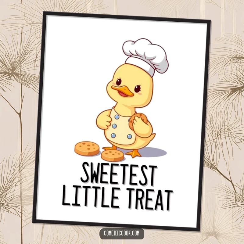 Funny smiling duckling chef carefully gathering a tiny cookie, presented as humorous wall art.