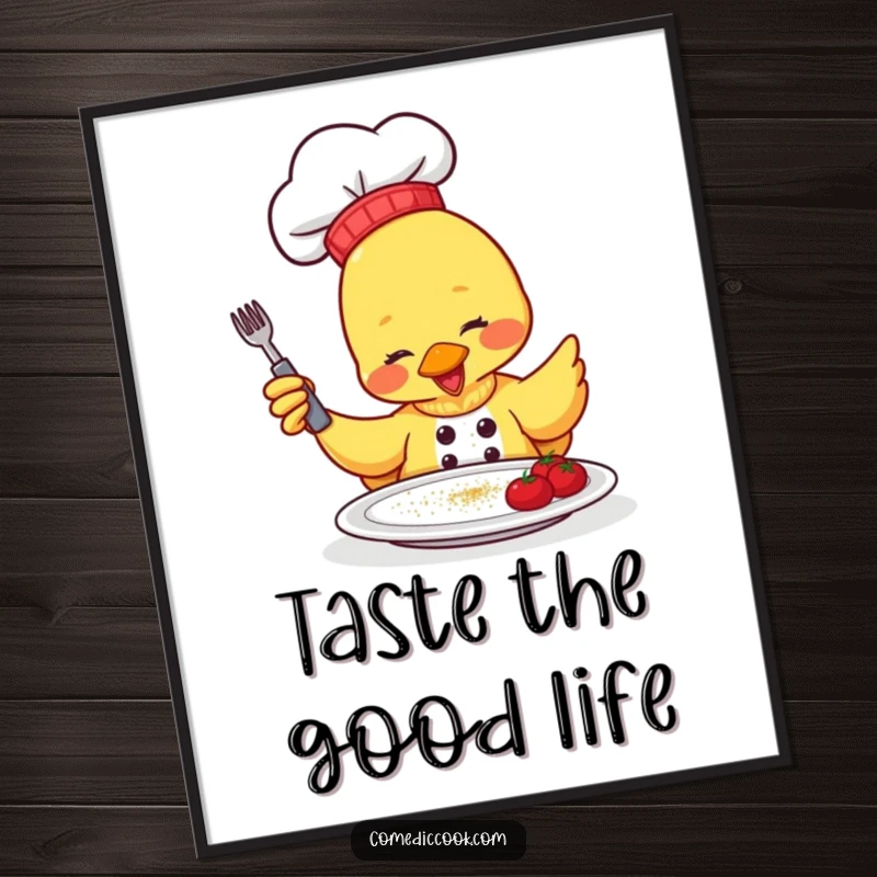 Funny Poster: a duck chef gleefully sprinkles seasoning onto a plate, embodying culinary delight and humorous kitchen vibes.