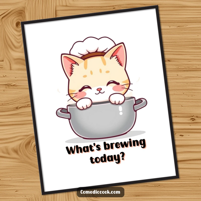 Funny Kawaii cat chef poster, depicting a curious cat peeking into a steaming pot. Cute kitchen decor and a wonderful funny gift.