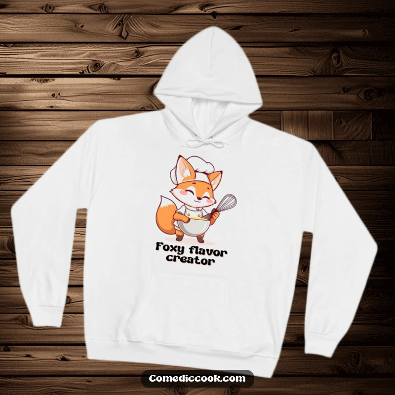 Funny Fox Chef Hoodie depicting a winking fox chef whisking, embodying warmth and cleverness.