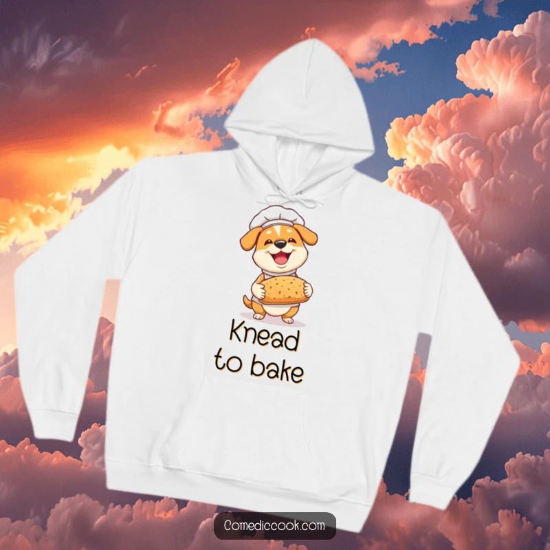 Funny Dog Chef Hoodie: A joyful dog chef proudly presents fresh bread, offering cozy and comical warmth.