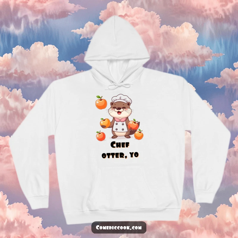 Funny happy otter chef juggling three shiny apples, depicted on a warm and humorous hoodie.