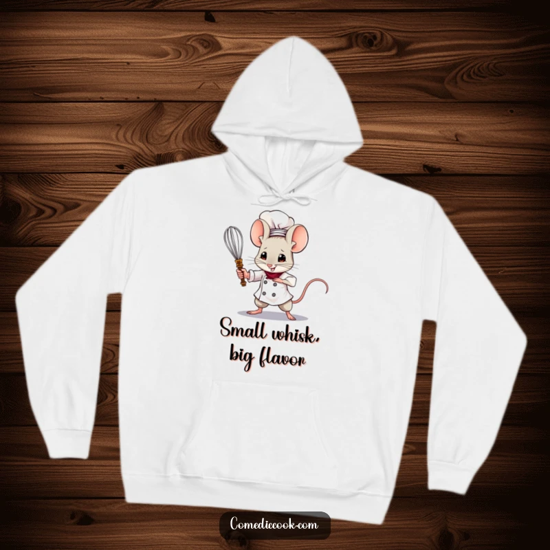 Funny Mouse Chef Hoodie depicting a brave mouse wielding a tiny whisk as a sword, ideal for cozy, humorous, and warm gifting.