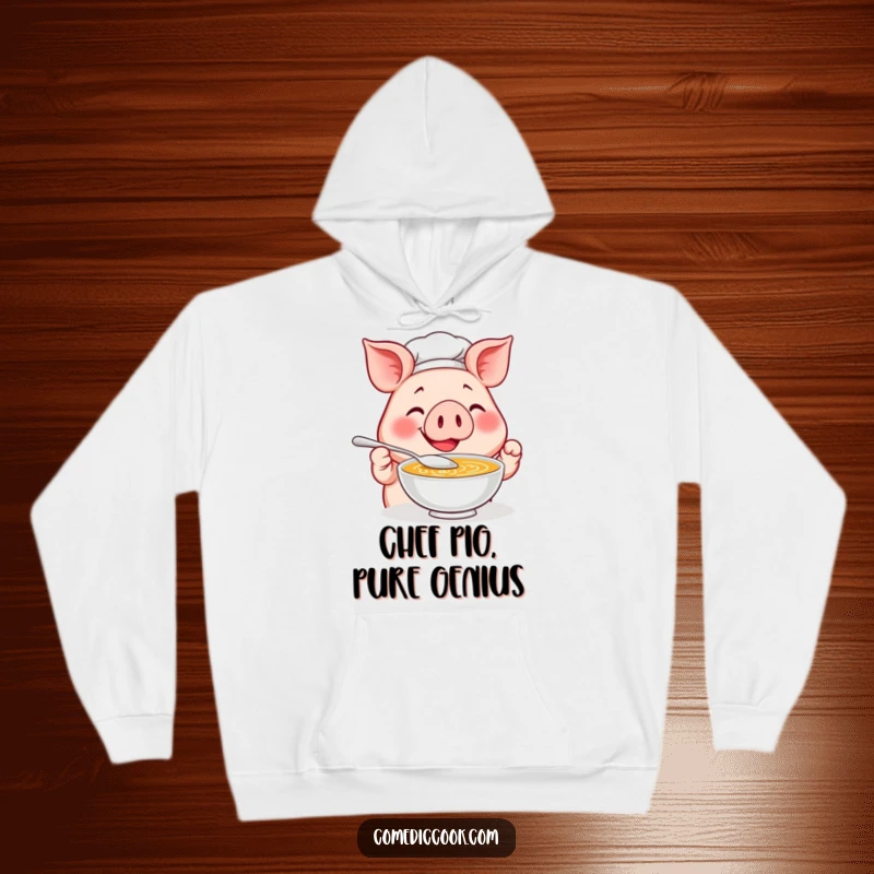 Funny Pig Chef Hoodie: A smiling pig chef savors soup with a tiny spoon, a cozy and comical apparel choice.