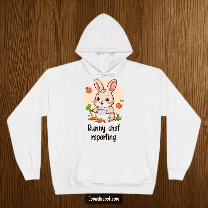 Funny Rabbit Chef Hoodie: Warm and funny hoodie featuring a rabbit chef meticulously chopping veggies, ideal for cozy kitchen sessions or casual wear.