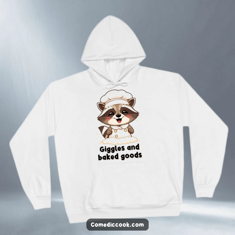 Funny Raccoon Chef Hoodie: Soft hoodie featuring a raccoon chef covered in white flour, laughing gleefully.