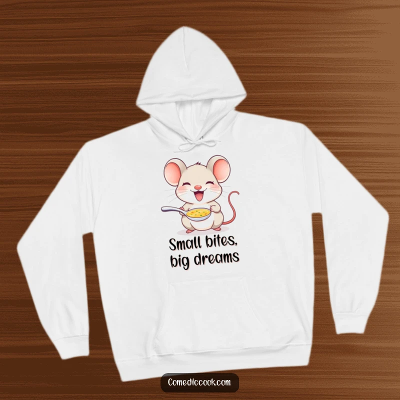 Funny mouse hoodie with a delighted mouse offering a tiny spoon of soup, perfect for cozy evenings.