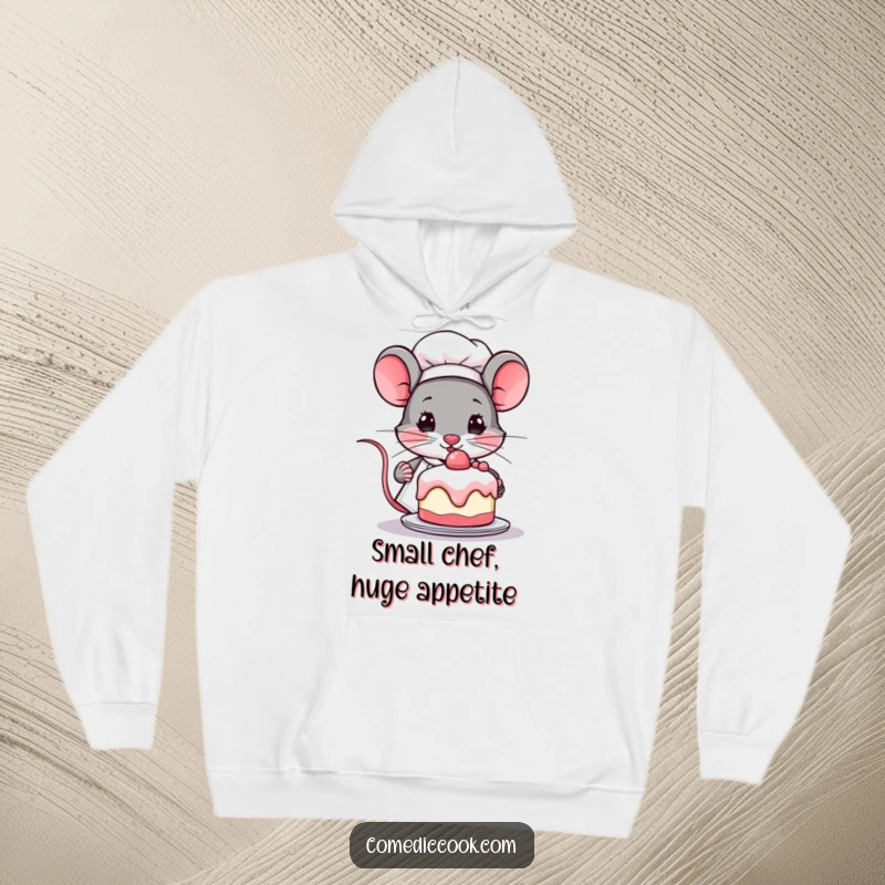 Funny Kawaii mouse chef hoodie, featuring a determined mouse with a tiny cake. Warm, cute baker apparel and a great funny gift.