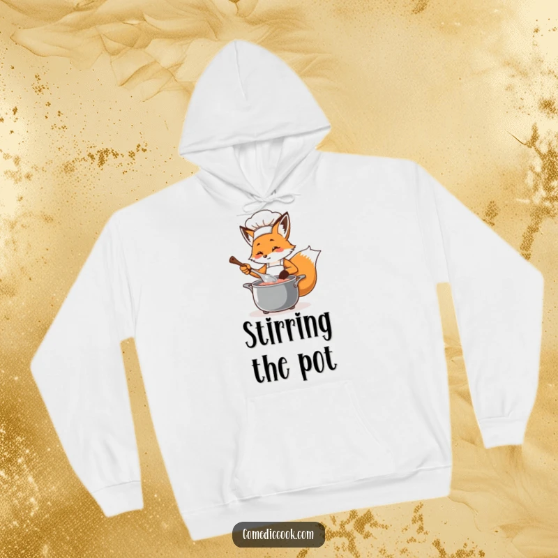 Funny fox chef in an apron, diligently stirring a bubbling pot with a ladle, depicted on a soft and warm hoodie.