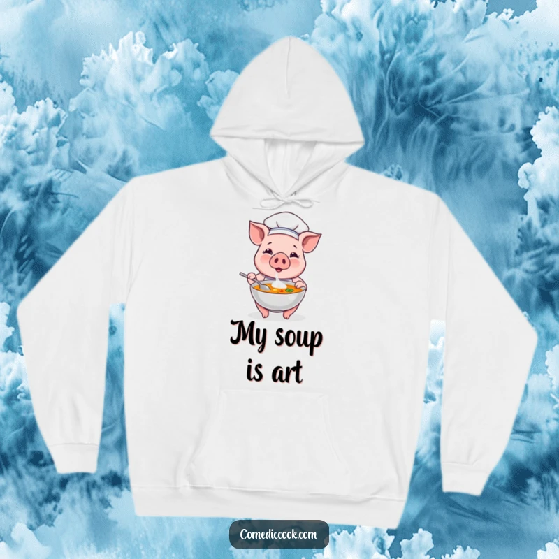 Funny pig chef in a cozy hoodie, proudly presenting a steaming bowl of soup, a delightful and warm humorous design.