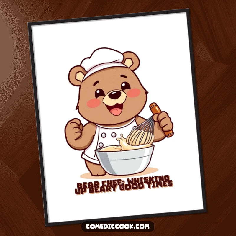 Funny Free Printable Wall Art: A happy bear chef whisks batter with infectious enthusiasm and a big smile.
