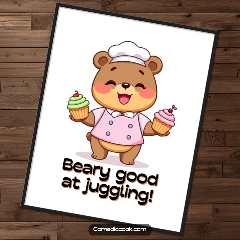 Funny Free Printable Wall Art: A gleeful Kawaii bear chef juggles three brightly colored cupcakes.