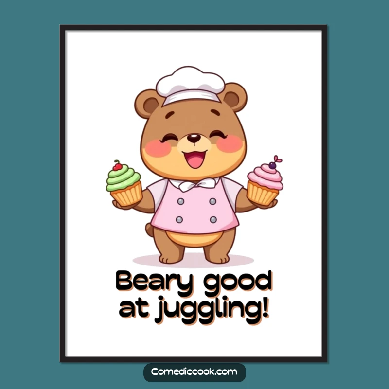 Free Printable Wall Art: Funny Kawaii Bear Chef Cupcake Art Downloadable Decor