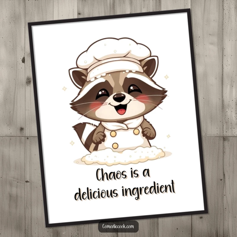 Funny Free Printable Raccoon Chef Wall Art: A giggling, flour-covered raccoon chef in a kitchen setting.