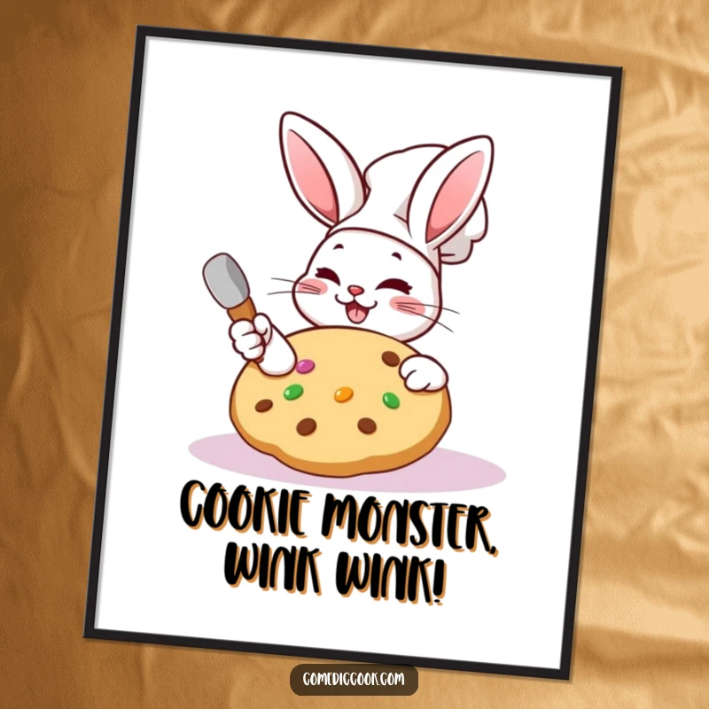 Funny Free Printable Wall Art: A cheerful Kawaii rabbit chef winks with a giant, frosted cookie.
