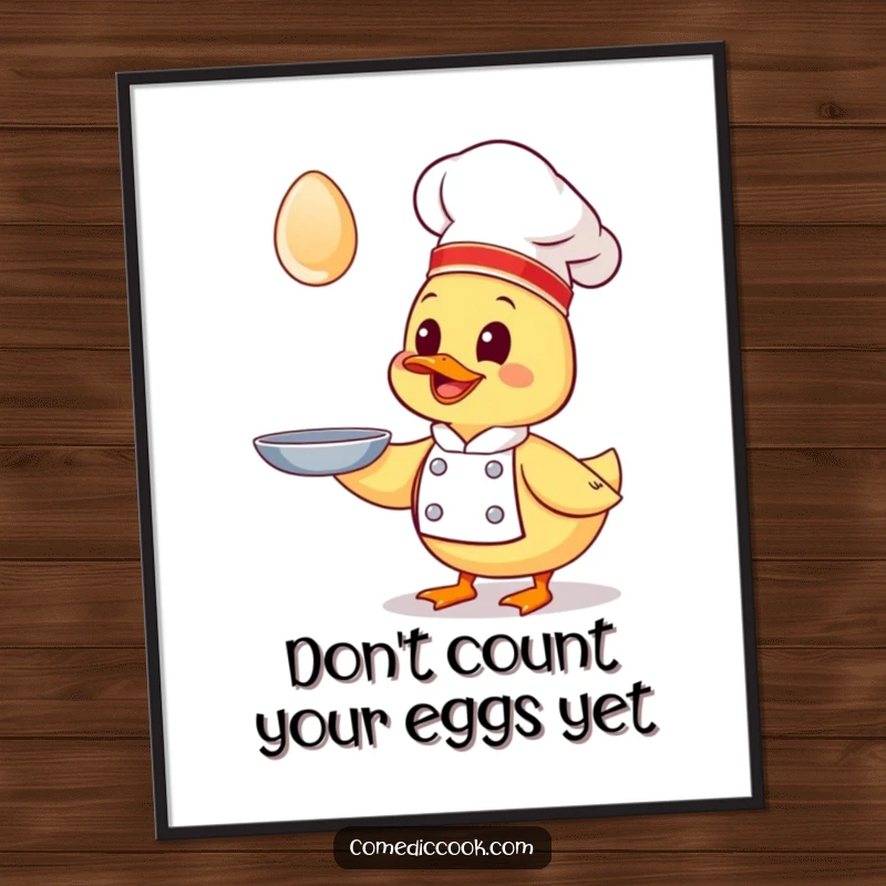 Funny Free Printable Kawaii Duck Chef Wall Art, comically chasing a flying egg, for a downloadable kitchen decoration.