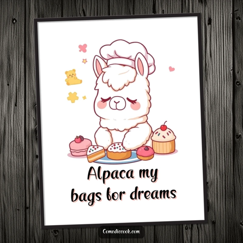 Funny Free Printable Alpaca Chef Wall Art: A sleepy alpaca in a chef hat dreaming of delicious pastries.