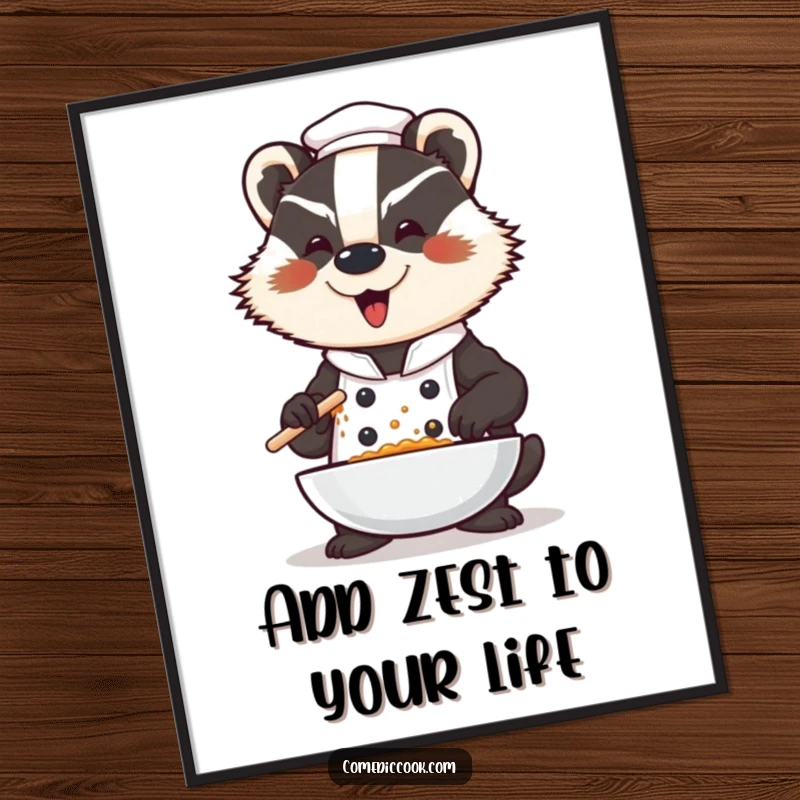 Funny Free Printable Wall Art: Badger chef dramatically seasons a dish with an exaggerated flourish, adding theatrical flair.