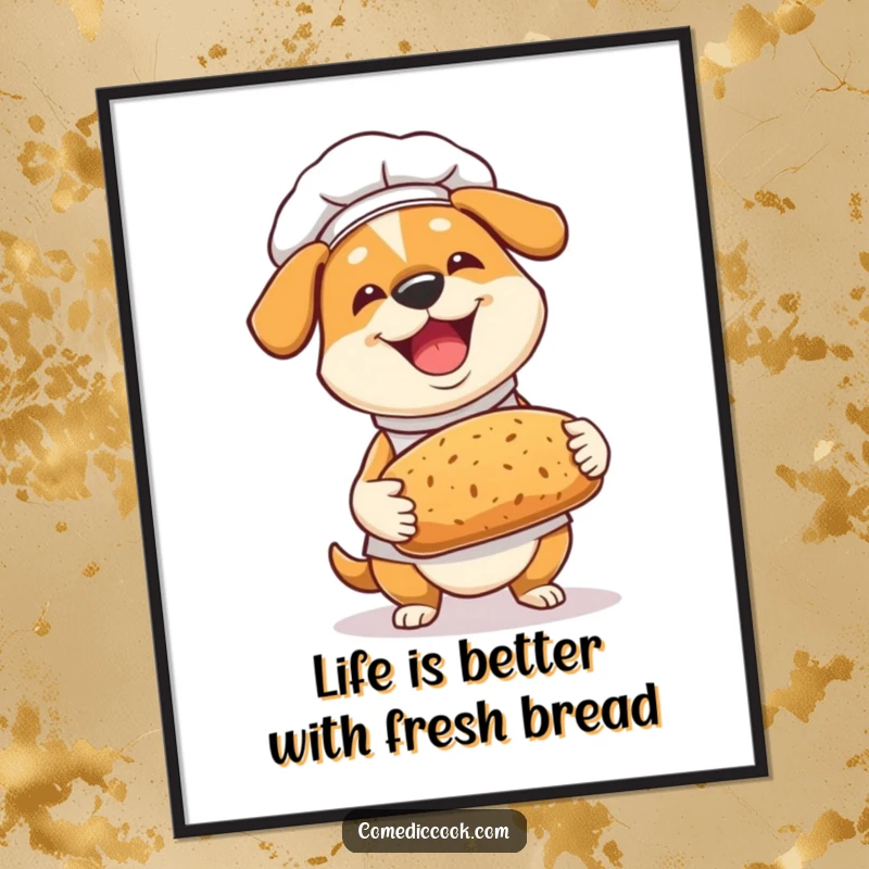 Funny free printable wall art: A joyful dog chef proudly presents a warm, freshly baked bread loaf, a delightful kitchen scene.