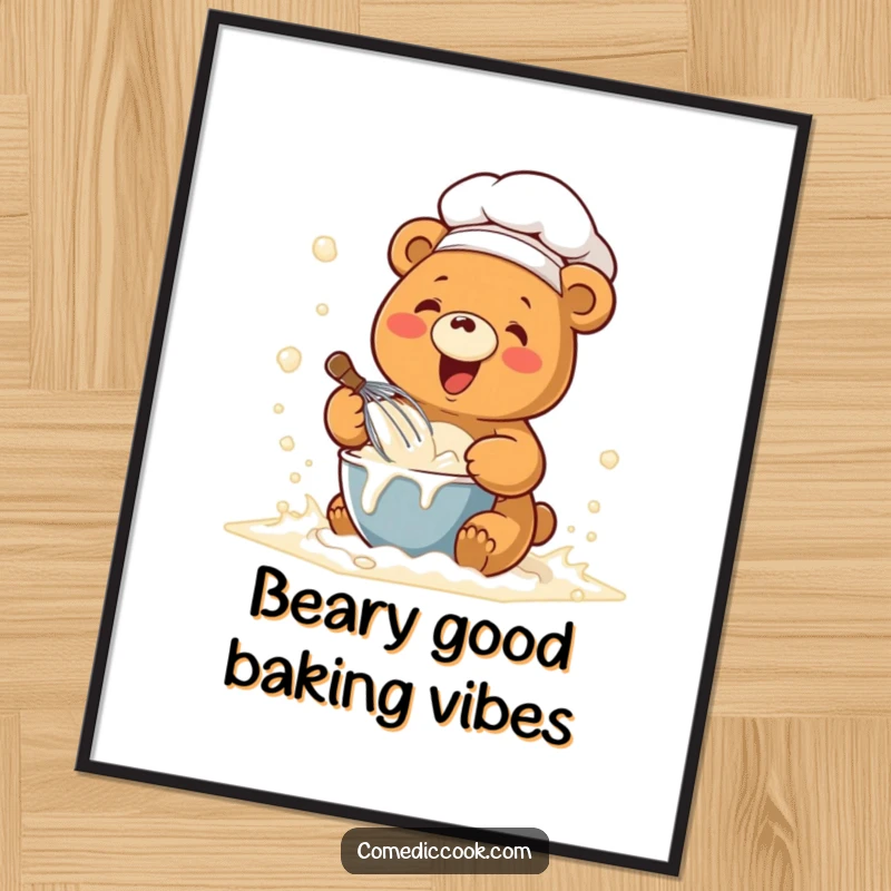 Funny Free Printable Chef Bear Wall Art: Kawaii bear dressed as a chef, joyfully whisking batter in a flour cloud.