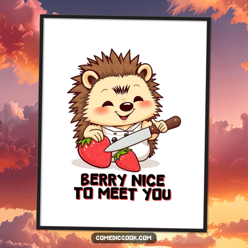 Funny Free Printable Wall Art: A smiling hedgehog chef meticulously slicing a strawberry with a miniature knife, a culinary masterpiece.