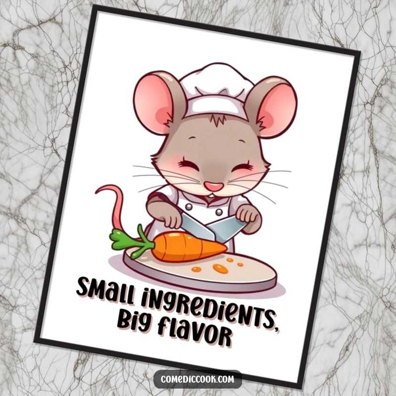 Funny free printable wall art: A concentrated mouse chef carefully slices a miniature carrot with a knife, adding charm to your space.